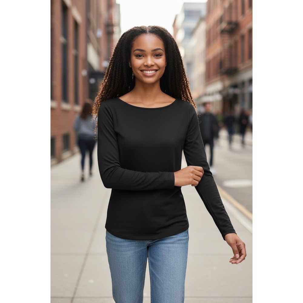 (B-69) Joy Mangano CleanBoss Black Long Sleeve Stretch Top Women's M QVC New